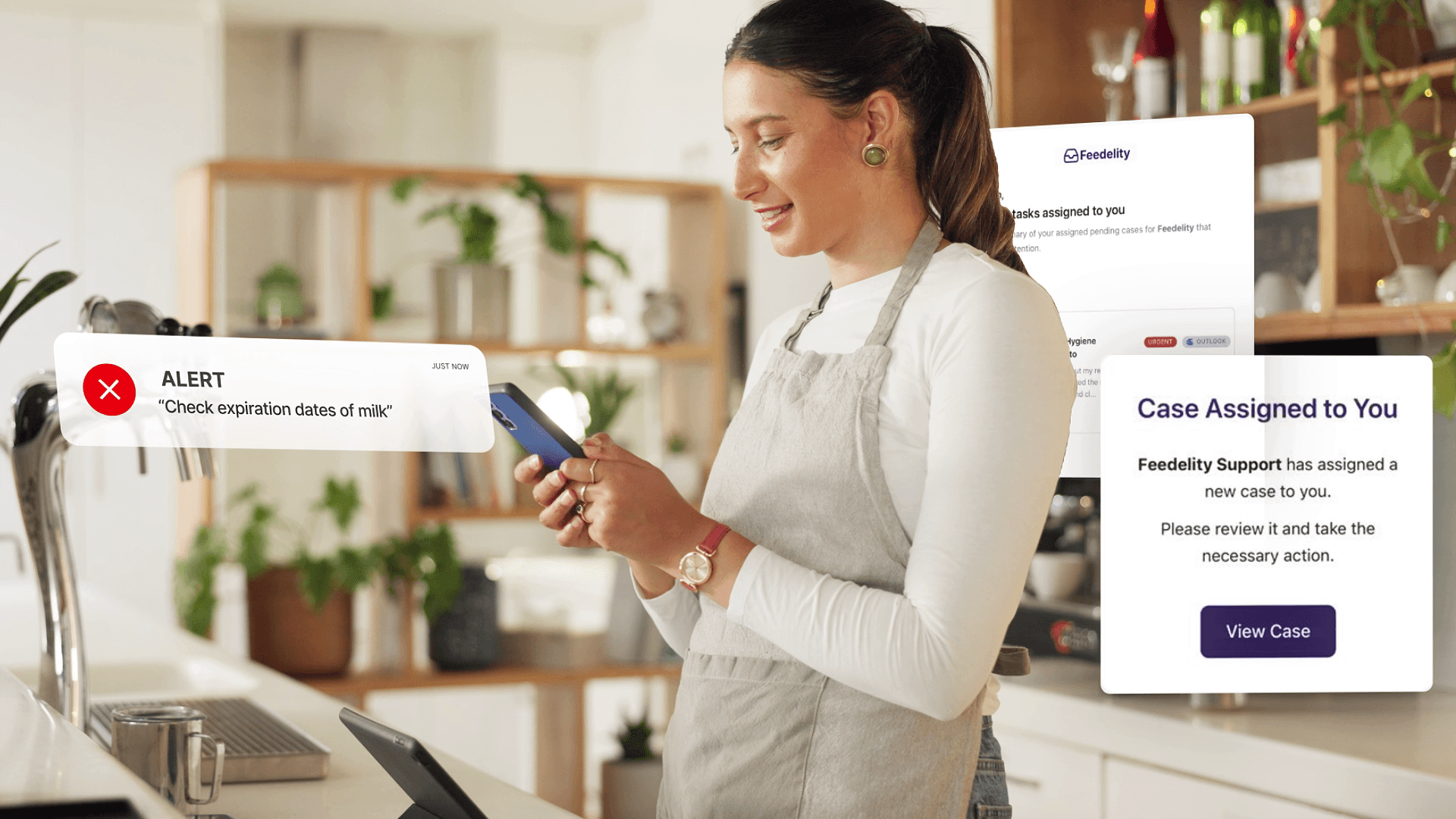A notification alert for a 1-star review and a task assigned to a manager in the Feedelity platform.
